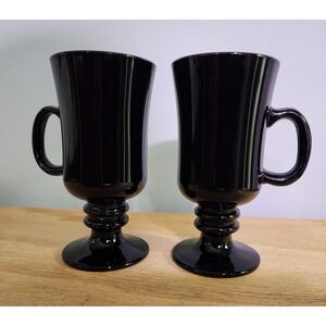 Vintage Libby Black Amethyst Glass Irish Pedestal Style Coffee Mugs Set Of 2